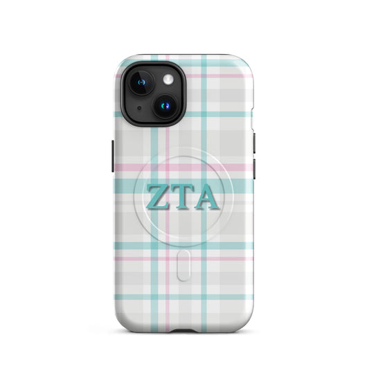 Zeta Tau Alpha plaid iPhone case with pastel teal and pink tartan pattern and ZTA Greek letters MagSafe compatible on white background