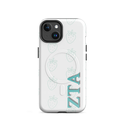 Zeta Tau Alpha ZTA iPhone 14 case with repeating strawberry pattern in soft teal and vertical Greek letters MagSafe ring close-up on white background