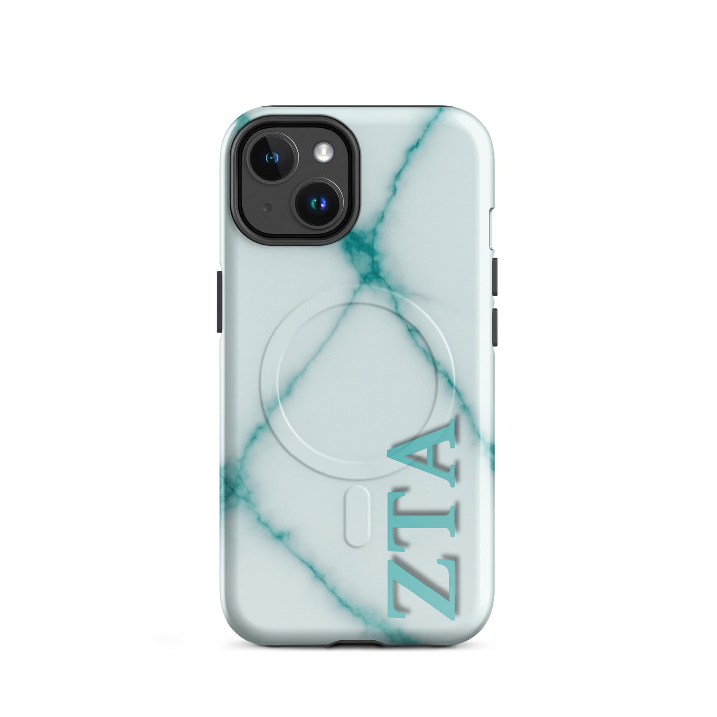 Zeta Tau Alpha marble iPhone case with teal veining and vertical ZTA Greek letters MagSafe compatible on white background