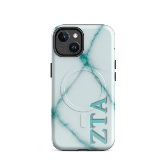 Zeta Tau Alpha marble iPhone case with teal veining and vertical ZTA Greek letters MagSafe compatible on white background