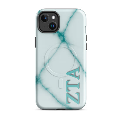 Zeta Tau Alpha marble iPhone 14 Plus case with teal veining and vertical ZTA Greek letters MagSafe compatible on white background