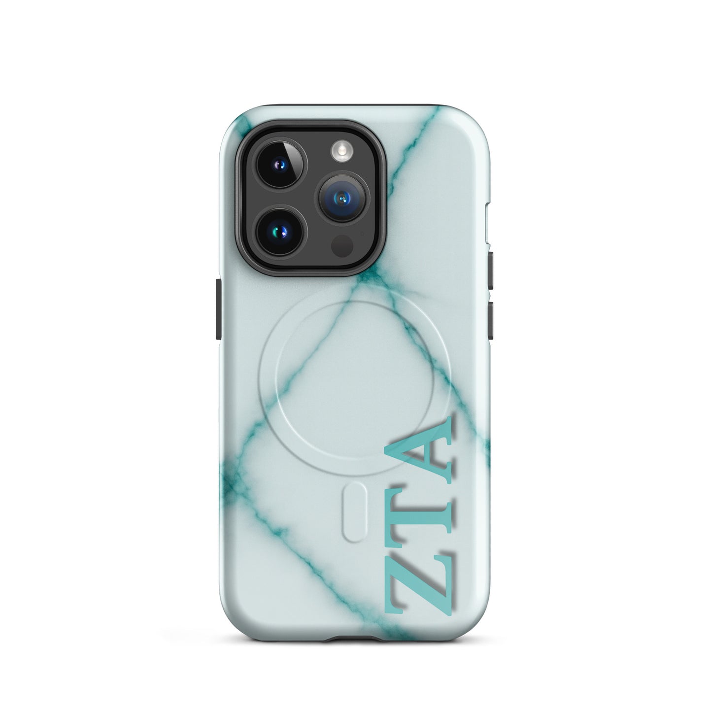 Zeta Tau Alpha ZTA iPhone 14 Pro case white marble design with teal veins and vertical Greek letters MagSafe ring close-up on white background