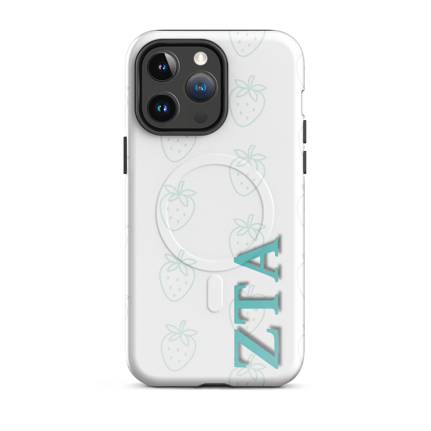 Zeta Tau Alpha strawberry pattern iPhone 14 Pro Max case with light teal strawberries and vertical ZTA Greek letters MagSafe compatible on white background