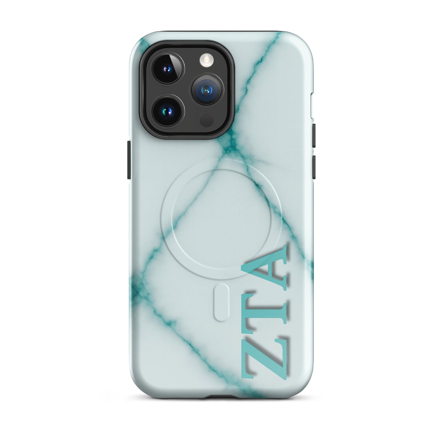 Zeta Tau Alpha iPhone 14 Pro Max case with teal marble pattern vertical ZTA letters MagSafe compatible slim case on white background