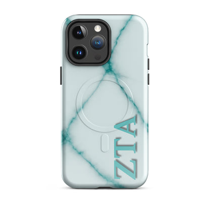 Zeta Tau Alpha iPhone 14 Pro Max case with teal marble pattern vertical ZTA letters MagSafe compatible slim case on white background