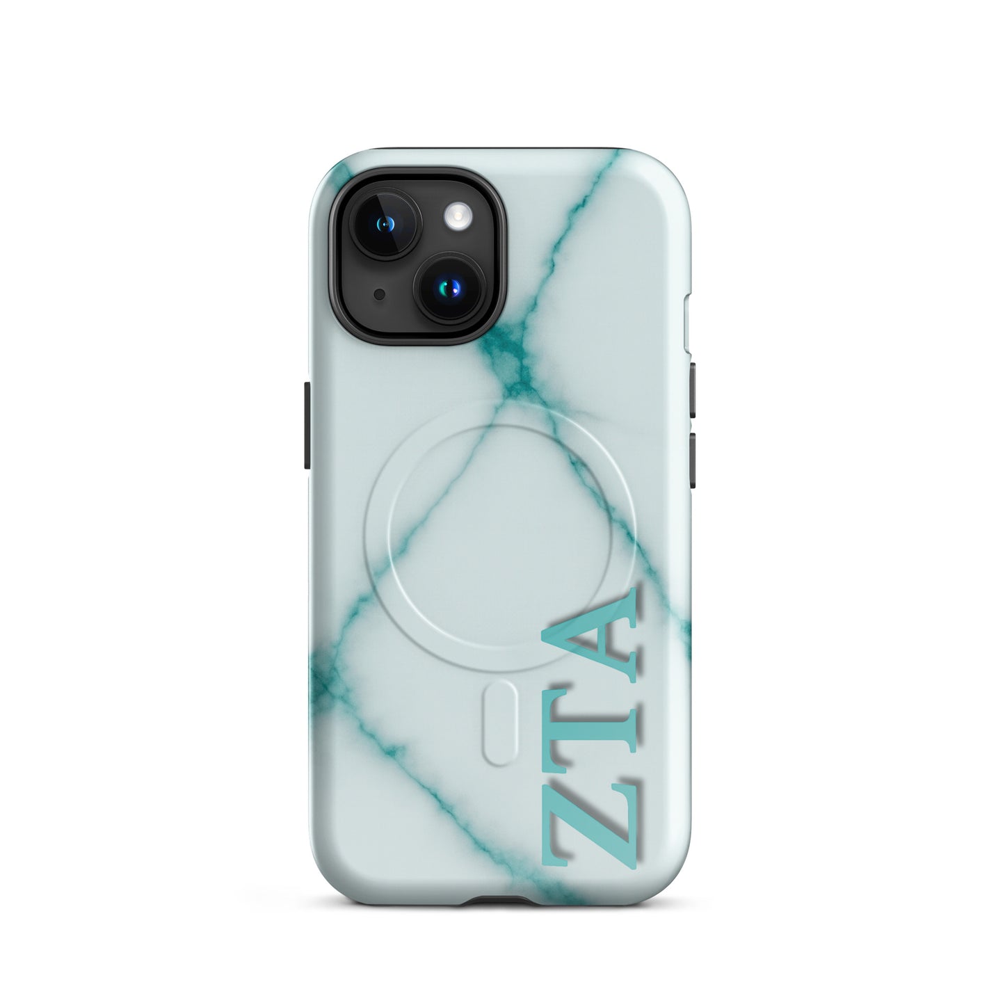 Zeta Tau Alpha marble iPhone 15 case with teal veining and vertical ZTA Greek letters MagSafe compatible on white background