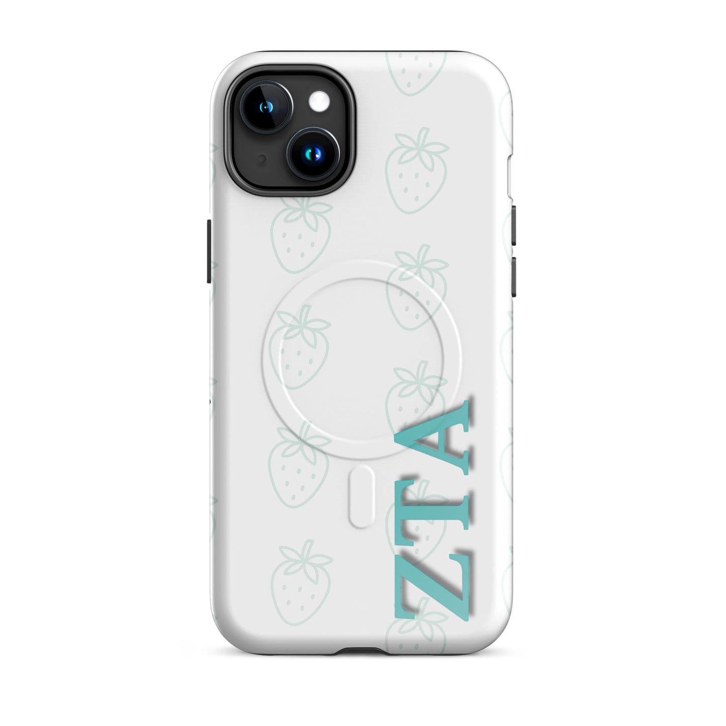 Zeta Tau Alpha iPhone 15 Plus case with minimal strawberry design teal outline pattern vertical ZTA letters MagSafe compatible slim case on white background