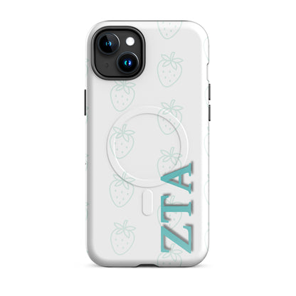 Zeta Tau Alpha iPhone 15 Plus case with minimal strawberry design teal outline pattern vertical ZTA letters MagSafe compatible slim case on white background