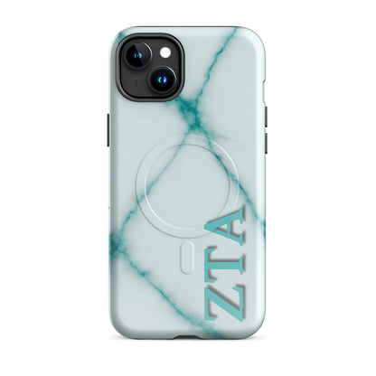 Zeta Tau Alpha ZTA iPhone 15 Plus case white marble design with teal veins and vertical Greek letters MagSafe ring close-up on white background