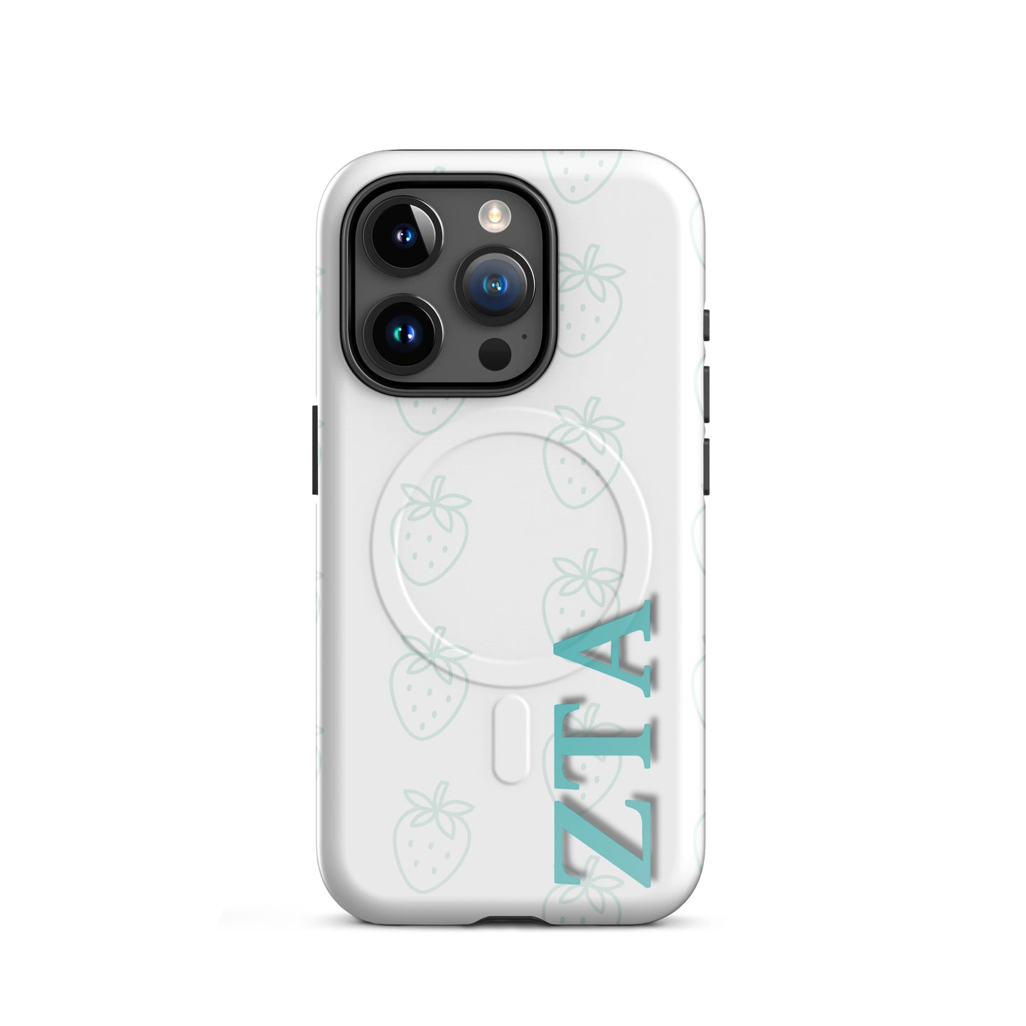 Zeta Tau Alpha strawberry pattern iPhone 15 Pro case with light teal strawberries and vertical ZTA Greek letters MagSafe compatible on white background