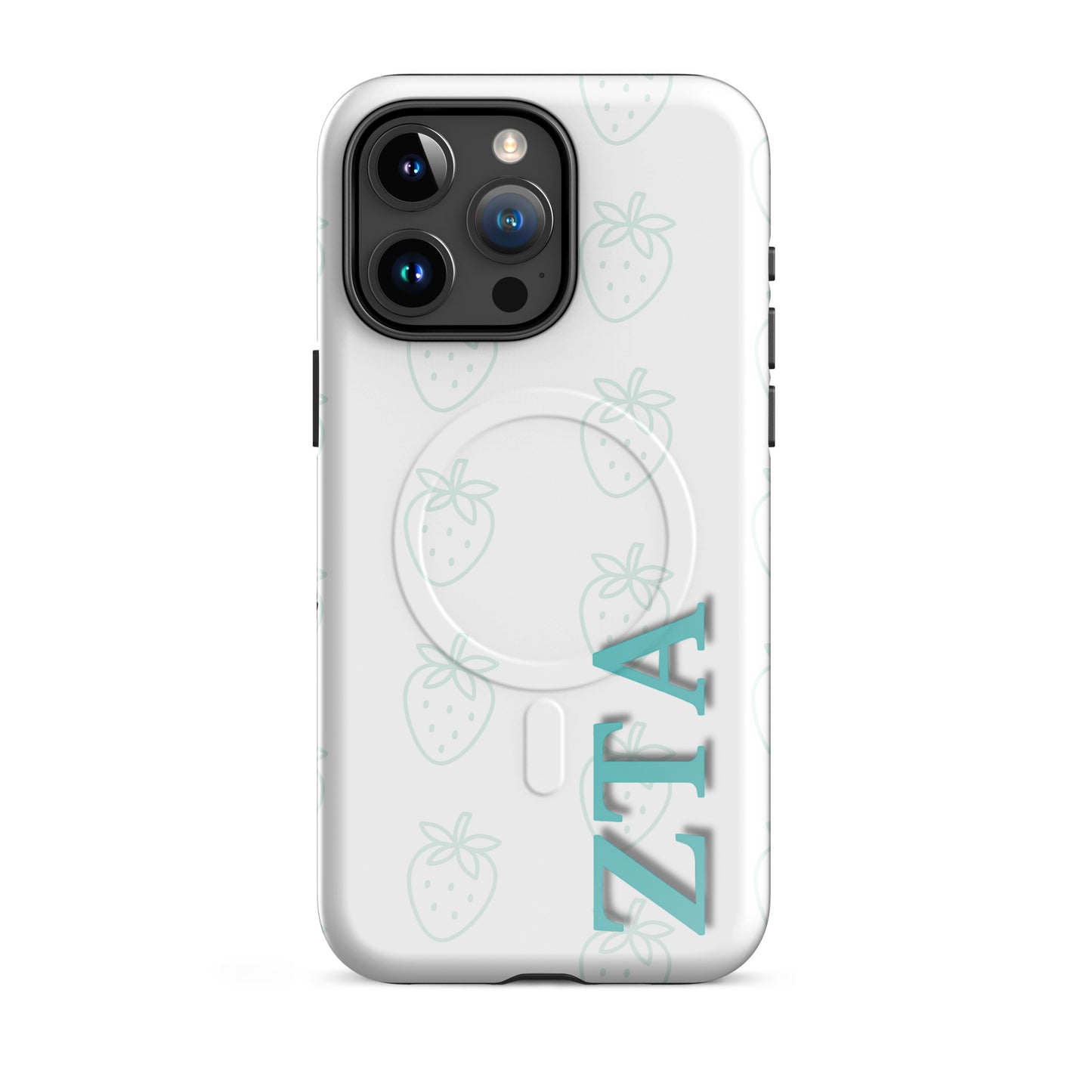 Zeta Tau Alpha ZTA iPhone 15 Pro Max case with repeating strawberry pattern in soft teal and vertical Greek letters MagSafe ring close-up on white background