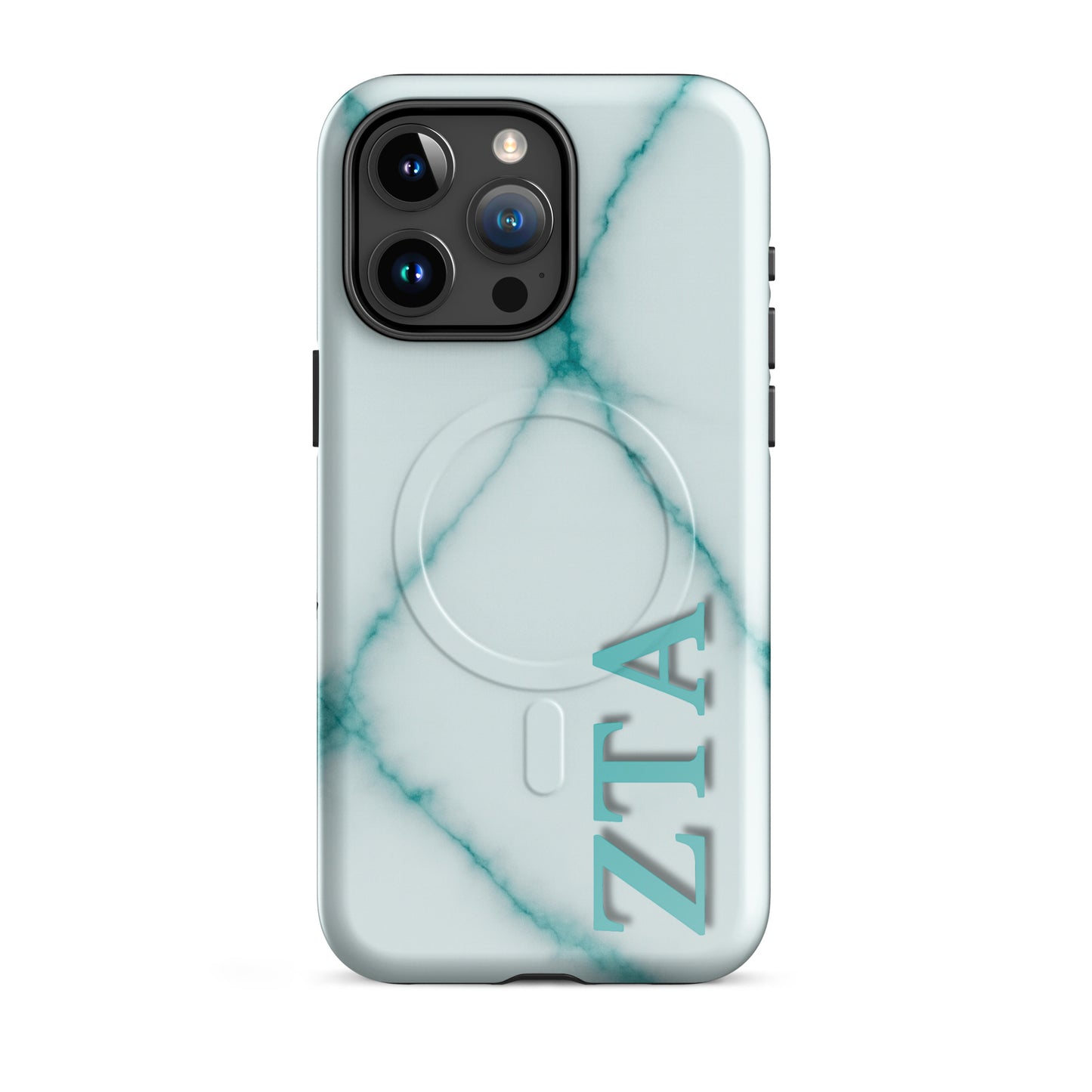 Zeta Tau Alpha marble iPhone Pro Max case with teal veining and vertical ZTA Greek letters MagSafe compatible on white background