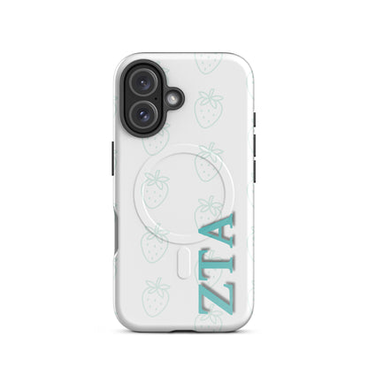 Zeta Tau Alpha iPhone 16 case with minimal strawberry design teal outline pattern vertical ZTA letters MagSafe compatible slim case on white background