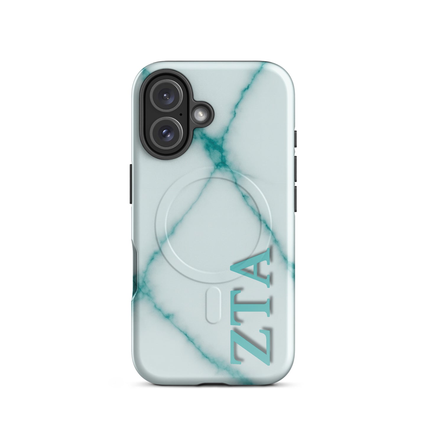 Zeta Tau Alpha ZTA iPhone 16 case white marble design with teal veins and vertical Greek letters MagSafe ring close-up on white background