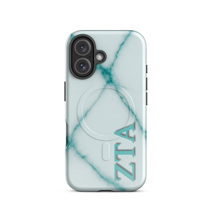 Zeta Tau Alpha ZTA iPhone 16 case white marble design with teal veins and vertical Greek letters MagSafe ring close-up on white background