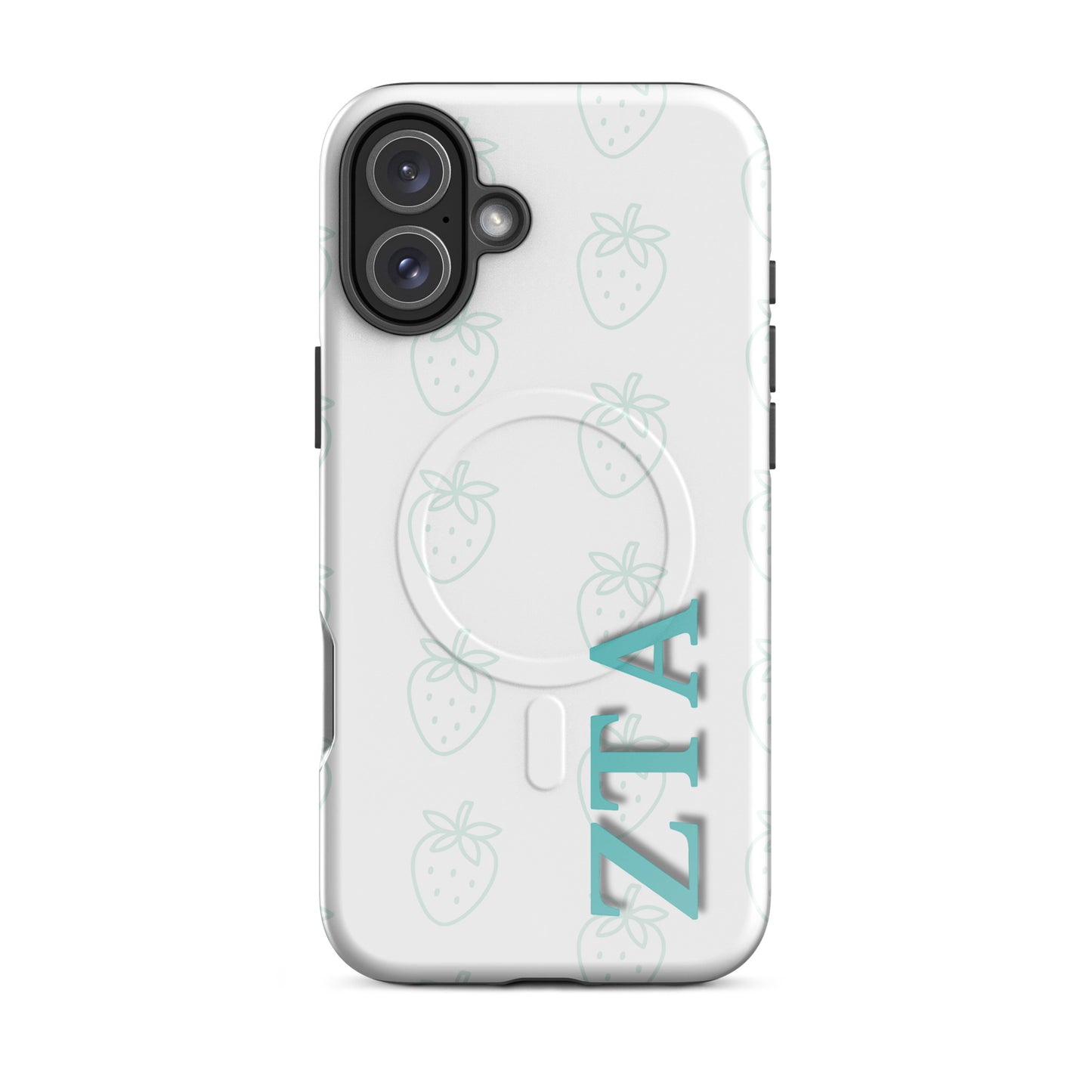Zeta Tau Alpha strawberry pattern iPhone 16 Plus case with light teal strawberries and vertical ZTA Greek letters MagSafe compatible on white background