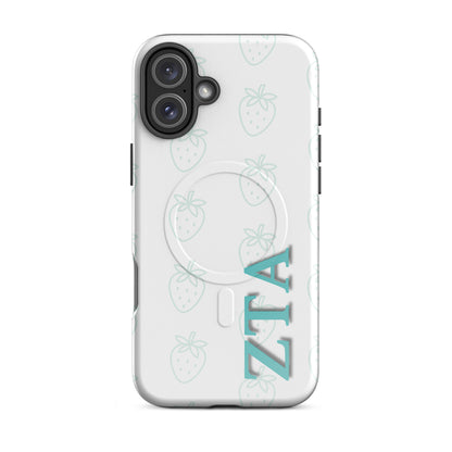 Zeta Tau Alpha strawberry pattern iPhone 16 Plus case with light teal strawberries and vertical ZTA Greek letters MagSafe compatible on white background