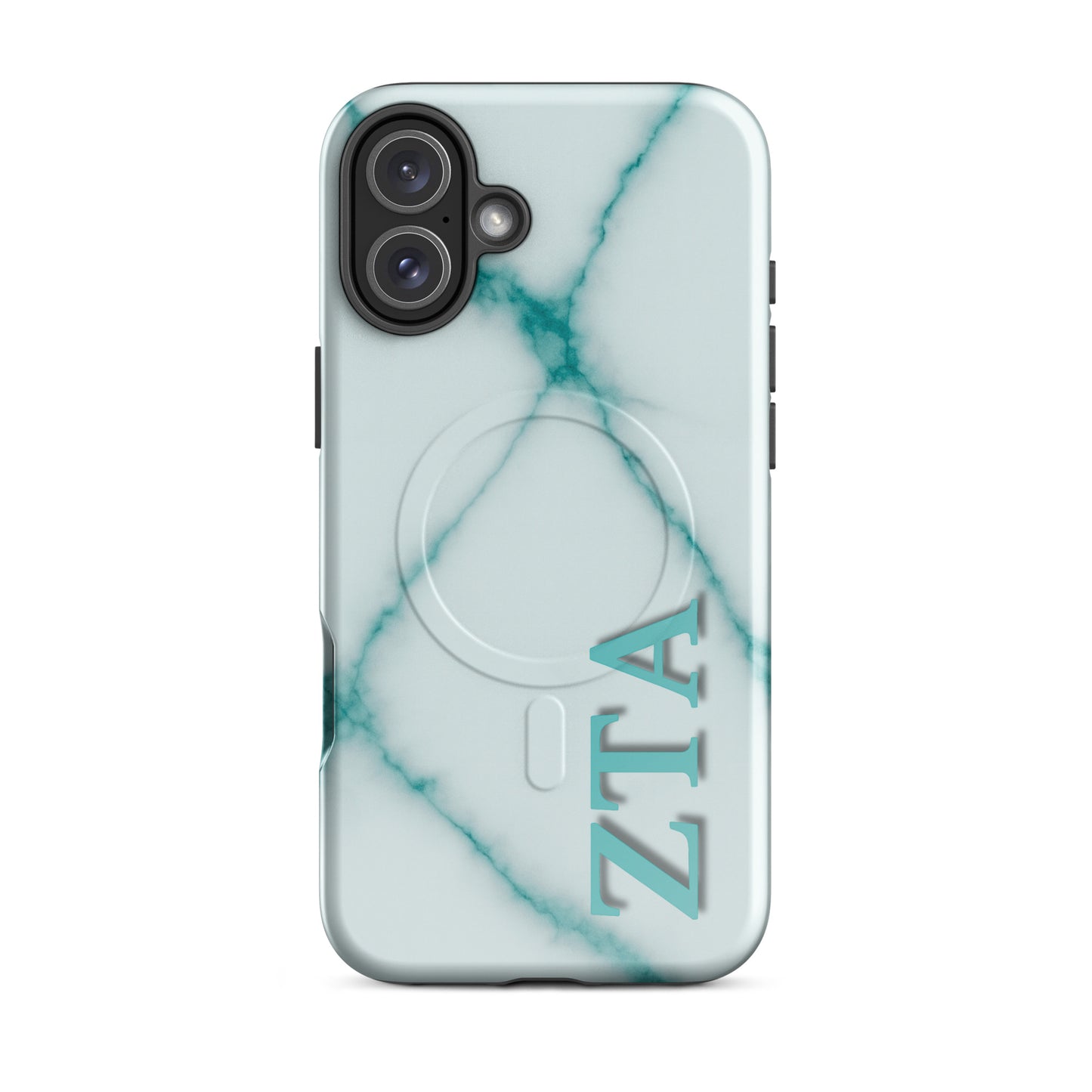 Zeta Tau Alpha iPhone 16 Plus case with teal marble pattern vertical ZTA letters MagSafe compatible slim case on white background