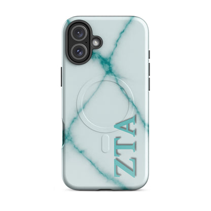 Zeta Tau Alpha iPhone 16 Plus case with teal marble pattern vertical ZTA letters MagSafe compatible slim case on white background