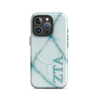 Zeta Tau Alpha marble iPhone 16 Pro case with teal veining and vertical ZTA Greek letters MagSafe compatible on white background