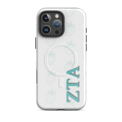 Zeta Tau Alpha iPhone 16 Pro Max case with minimal strawberry design teal outline pattern vertical ZTA letters MagSafe compatible slim case on white background
