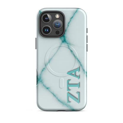 Zeta Tau Alpha ZTA iPhone 16 Pro Max case white marble design with teal veins and vertical Greek letters MagSafe ring close-up on white background