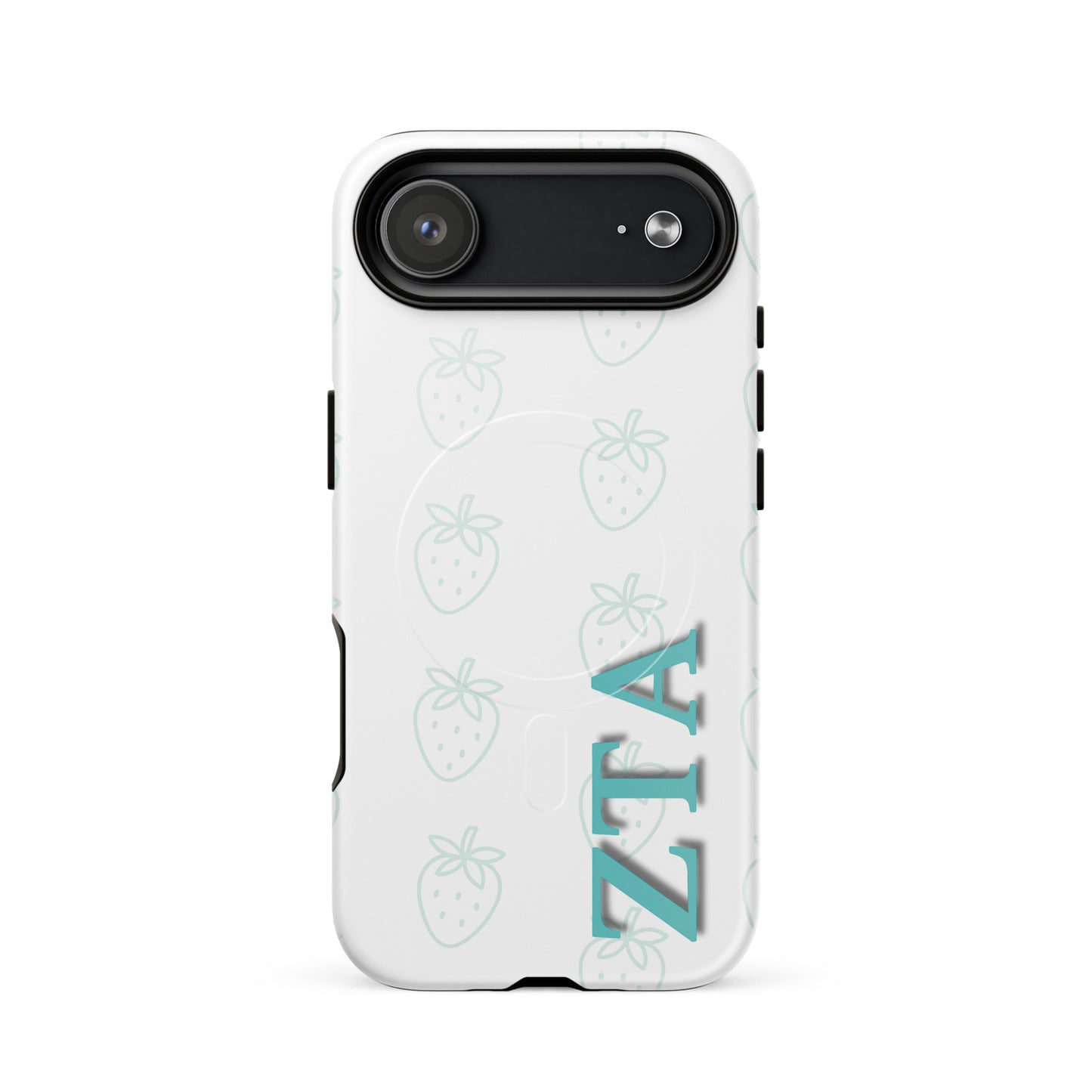 Zeta Tau Alpha ZTA iPhone 17 Air case with repeating strawberry pattern in soft teal and vertical Greek letters MagSafe ring close-up on white background