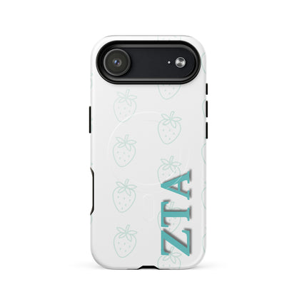 Zeta Tau Alpha ZTA iPhone 17 Air case with repeating strawberry pattern in soft teal and vertical Greek letters MagSafe ring close-up on white background