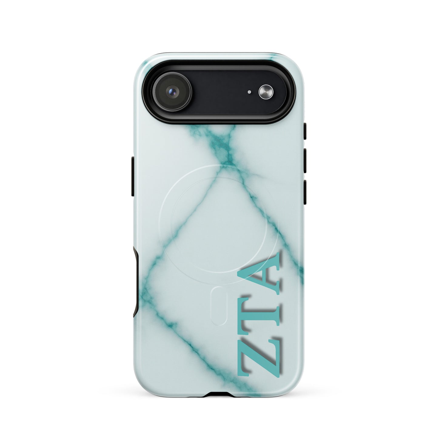 Zeta Tau Alpha marble iPhone f17 Air case with teal veining and vertical ZTA Greek letters MagSafe compatible on white background