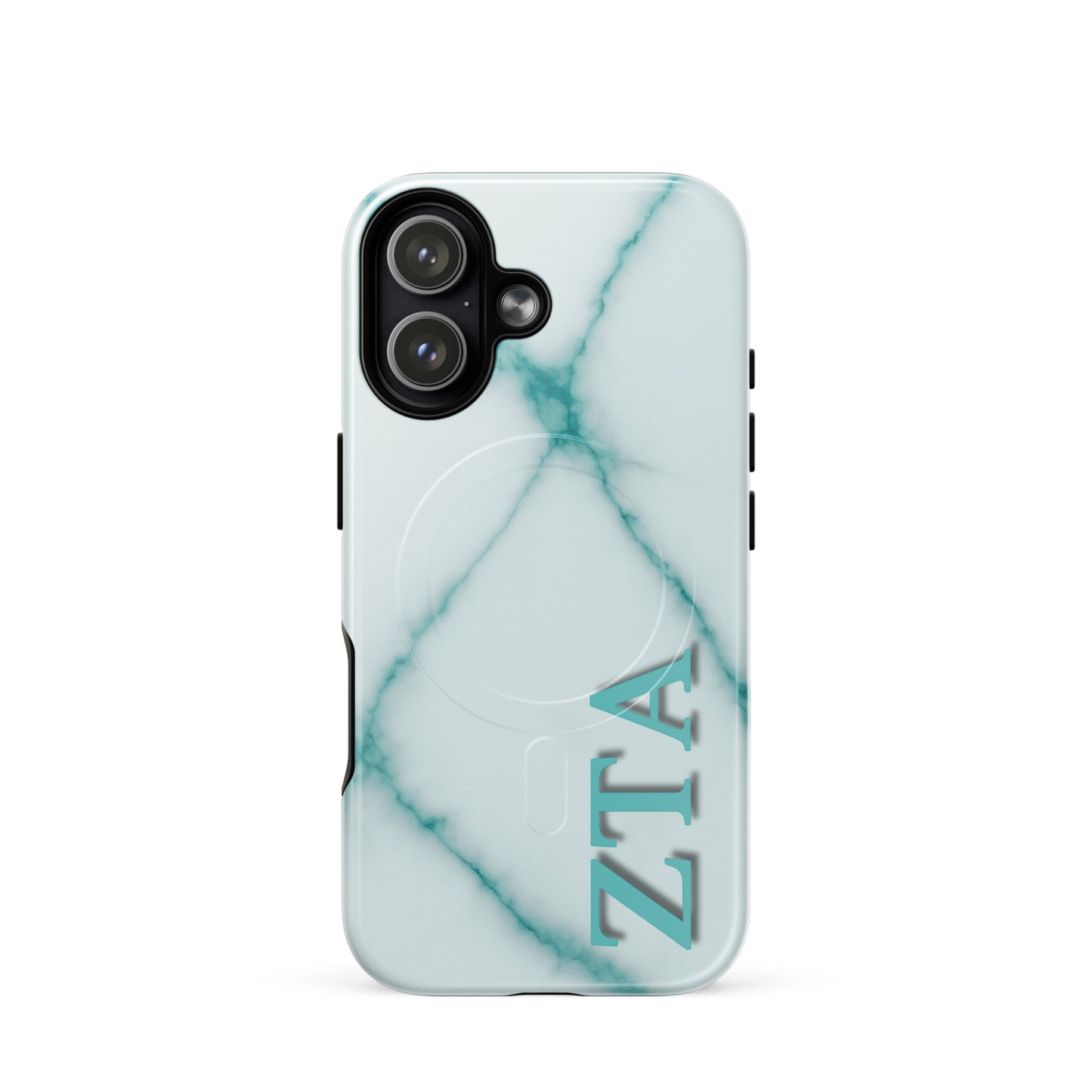 Zeta Tau Alpha iPhone 17 case with teal marble pattern vertical ZTA letters MagSafe compatible slim case on white background