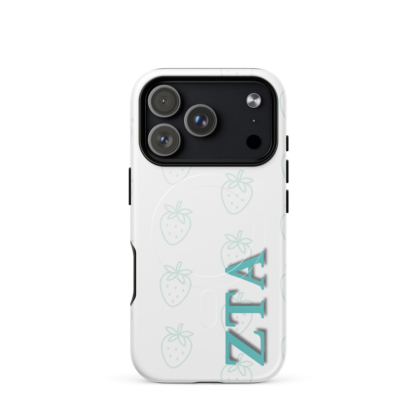 Zeta Tau Alpha iPhone 17 Pro case with minimal strawberry design teal outline pattern vertical ZTA letters MagSafe compatible slim case on white background