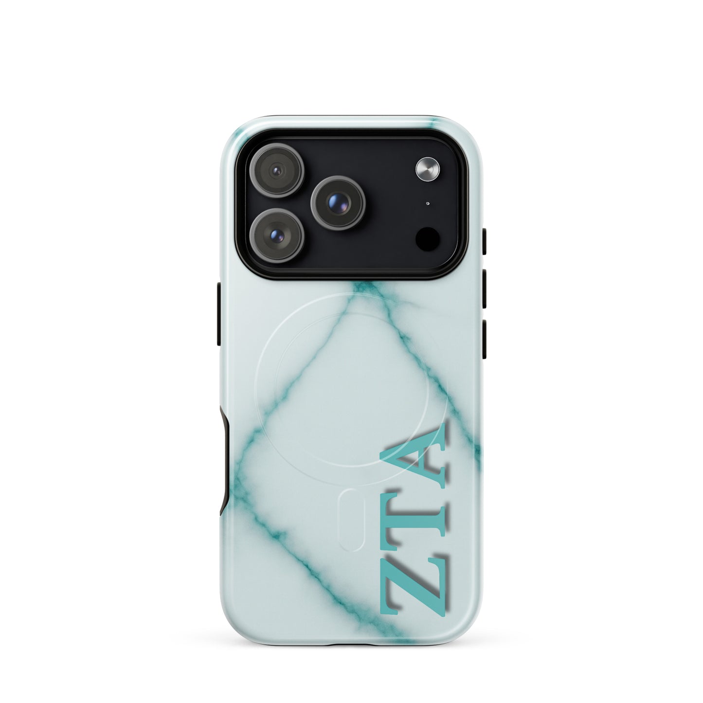 Zeta Tau Alpha ZTA iPhone 17 Pro case white marble design with teal veins and vertical Greek letters MagSafe ring close-up on white background