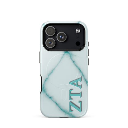 Zeta Tau Alpha ZTA iPhone 17 Pro case white marble design with teal veins and vertical Greek letters MagSafe ring close-up on white background