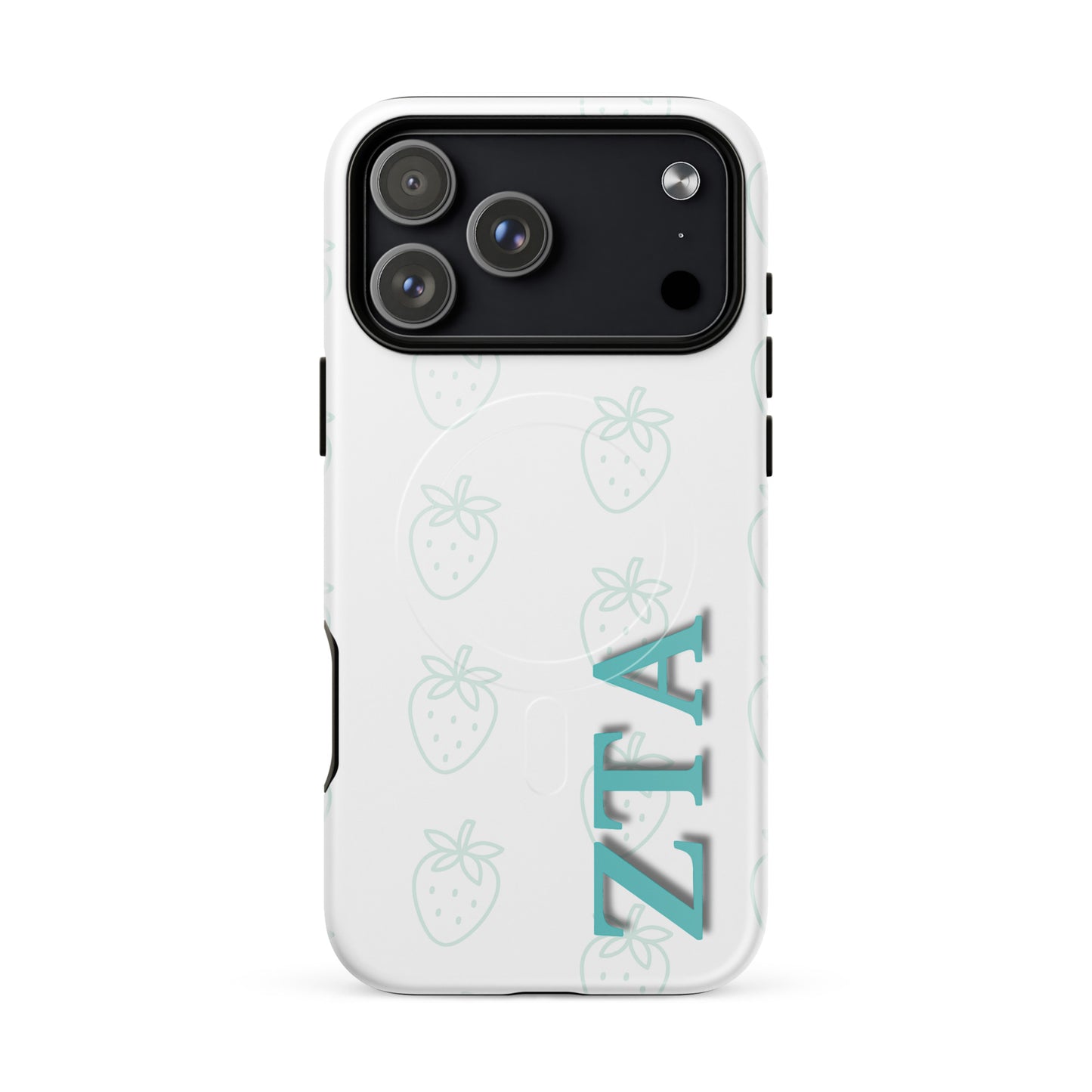 Zeta Tau Alpha strawberry pattern iPhone 17 Pro Max case with light teal strawberries and vertical ZTA Greek letters MagSafe compatible on white background