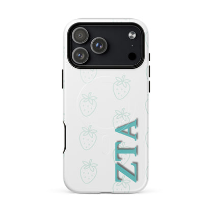 Zeta Tau Alpha strawberry pattern iPhone 17 Pro Max case with light teal strawberries and vertical ZTA Greek letters MagSafe compatible on white background
