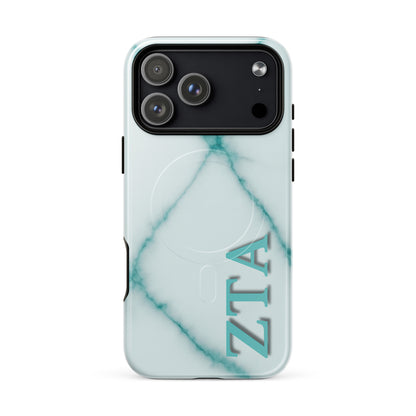 Zeta Tau Alpha iPhone 17 Pro Max case with teal marble pattern vertical ZTA letters MagSafe compatible slim case on white background