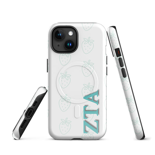 Zeta Tau Alpha strawberry pattern iPhone case with light teal strawberries and vertical ZTA Greek letters MagSafe compatible front and side view on white background