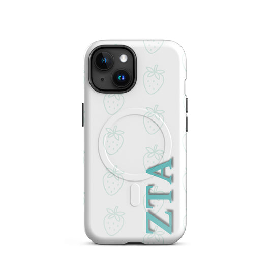 Zeta Tau Alpha strawberry pattern iPhone case with light teal strawberries and vertical ZTA Greek letters MagSafe compatible on white background