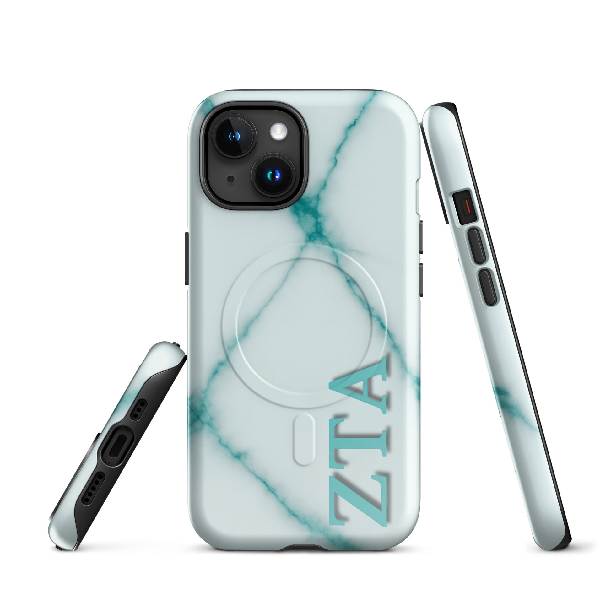 Zeta Tau Alpha marble iPhone case with teal veining and vertical ZTA Greek letters MagSafe compatible front and side views on white background 